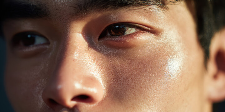Close up of male face with smooth skin and natural light highlighting texture and warm tone