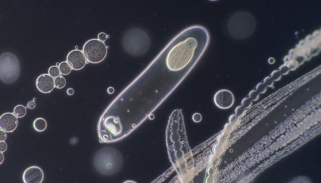 Microscopic view of various aquatic microorganisms and particles in darkfield.