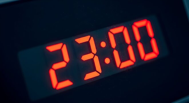 A close-up of a digital clock displaying 23:00