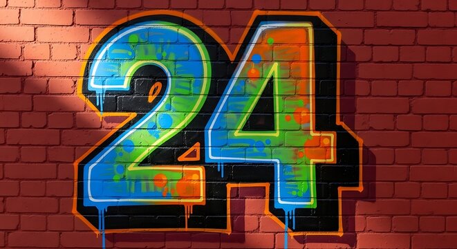 A colorful graffiti number 24 on a brick wall