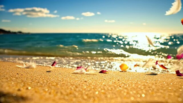 Feathers and flower petals float above a sunlit beach and ocean
