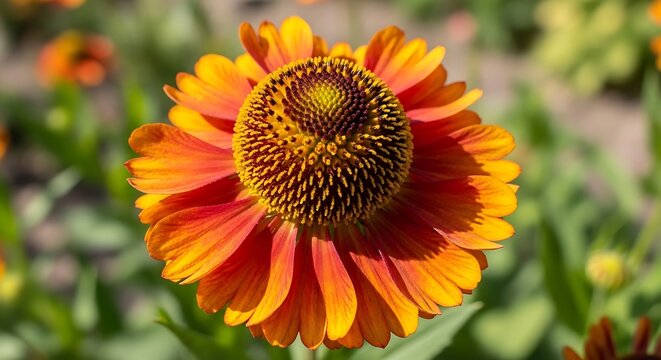 Close-up of a vibrant orange helenium flower in bloom, showcasing its detailed petals and central disc