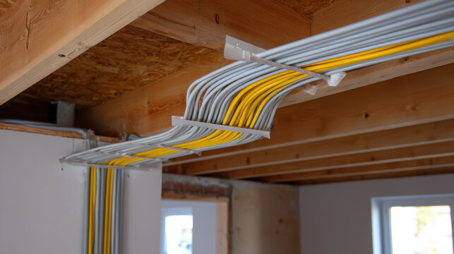 Electrical conduit wiring cable management construction ceiling wood beam yellow cable gray cable indoor installation