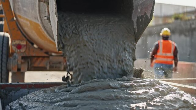 Concrete pouring from cement truck at construction site with workers in the background