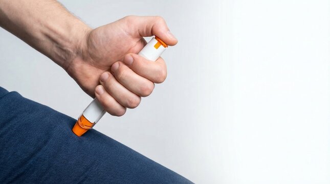Hand holding an epinephrine auto-injector pen for allergy treatment  