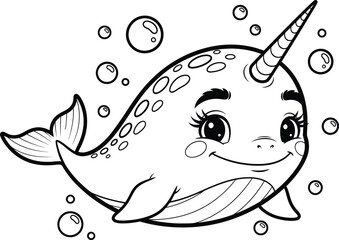 Colouring page of smiling narwhal for kids with bubbles from colour book © MDHasihul