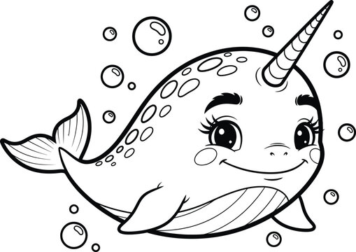 Colouring page of smiling narwhal for kids with bubbles from colour book