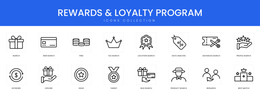 A comprehensive collection of linear icons for rewards and loyalty programs featuring gift boxes, membership cards, coins, crowns, and achievement symbols for customer retention and marketing