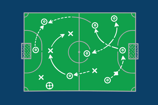 Futsal game tactic template vector with sketch arrows, circles, and shapes on the court, presenting a clear coaching board used to study strategy, passing routes, and team positioning.