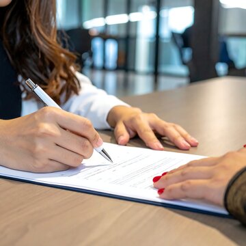 A woman signing document at wooden table in office