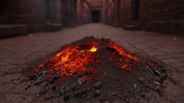 Holika Dahan Bonfire During Chhoti Holi Festival with Glowing Embers on Traditional Brick Street