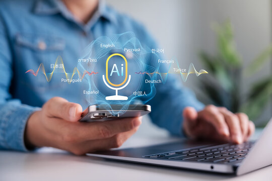 Person using smartphone for AI voice translation in multiple languages. Global communication with speech recognition software and multilingual support. Advanced artificial intelligence tech.