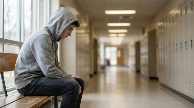 Teen boy sitting alone on bench in empty school hallway  