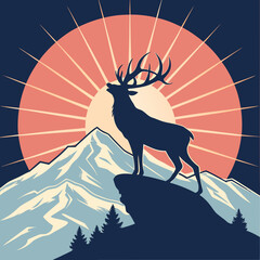 A majestic deer silhouette stands proudly on a mountain peak at sunset © Designer Shuvo