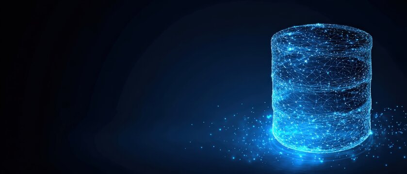 A digital database concept with a glowing cylindrical form, representing modern data storage and information technology. ..Created with Generative AI, not depicting real subjects.