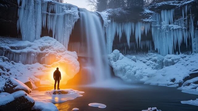 Person silhouetted before a frozen waterfall at dusk, icicles hanging around
