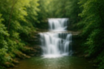 Fototapeta premium Serene forest waterfall flowing over rocks, nature landscape, lush greenery, tranquil water.