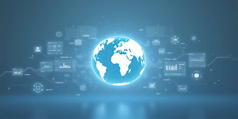 Blue digital world map and globe illustration representing a global business and communication network concept with modern internet technology on a glowing blue planet sphere vector design © lima
