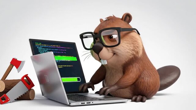 Beaver programmer successfully compiles code next to woodworking tools and timber on a laptop