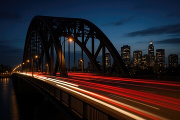 Obraz premium City bridge at dusk with light trails from traffic and illuminated skyline bridge city dusk.