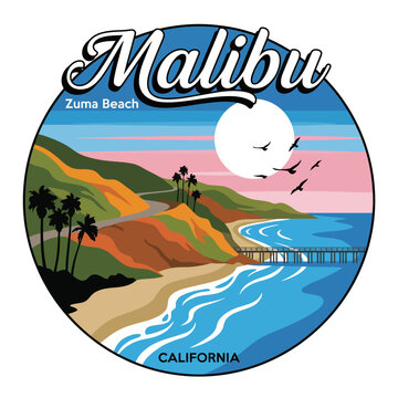 This vibrant coastal view captures Zuma Beach in Malibu, characterized by lush, colorful cliffs and a beautiful ocean sunset, inviting relaxation and the joy of beach life.