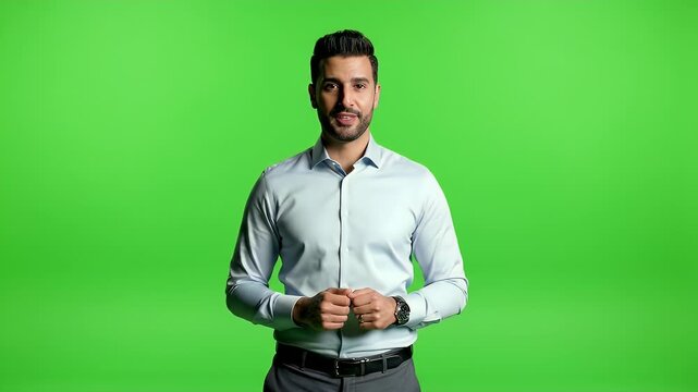 Man in light blue shirt gesturing excitedly against a vibrant green backdrop
