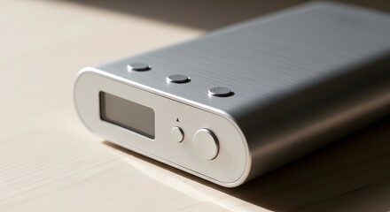 A close-up view of a sleek silver portable power bank on a light surface