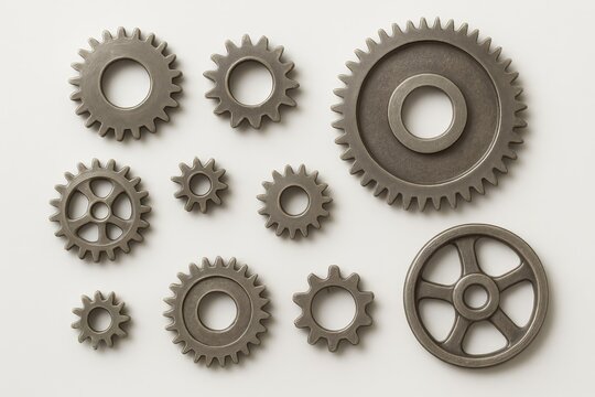 Various metallic gears and cogs are arranged on a clean white background. This collection symbolizes teamwork, precision, and intricate mechanical systems.
