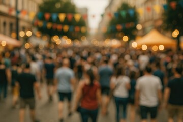 Street festival crowd with bokeh lights and colorful flags, urban celebration atmosphere, event.