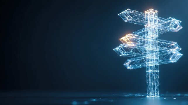 Navigating futures direction concept: A technological signpost illuminates against a deep, dark backdrop. Representing guidance, choices. ..Created with Generative AI, not depicting real subjects.