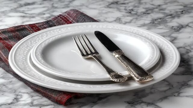 Elegant dining setup with silverware on marble table