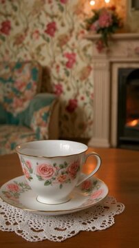 Tea Cup on Table by Fireplace.