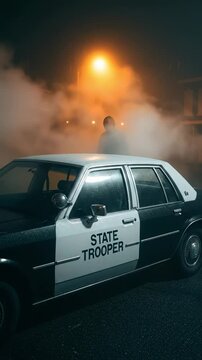 Vintage State Trooper Police Car on Foggy Night Street with Mysterious Silhouette