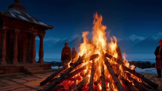 Traditional Bonfire During Holika Dahan Ceremony at Night in Mountainous Landscape
