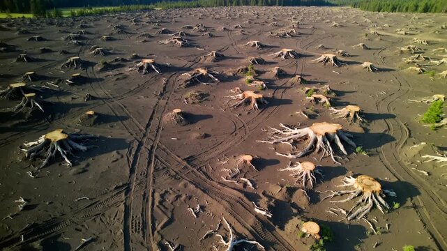 Aerial drone footage revealing massive deforestation landscape with hundreds of tree stumps and machinery tire tracks after clear cutting