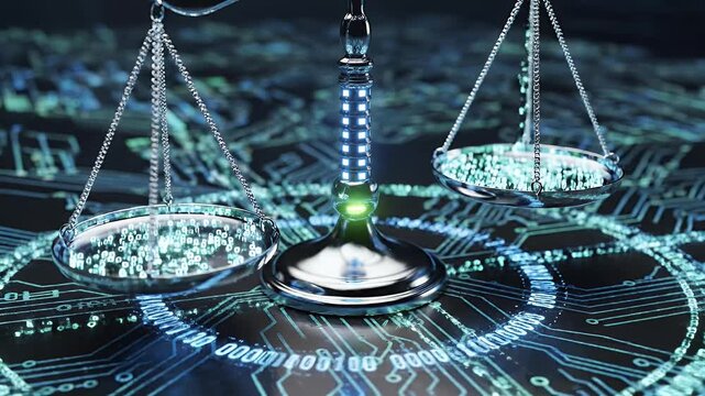 A metallic scale balanced on a circuit board with glowing binary code