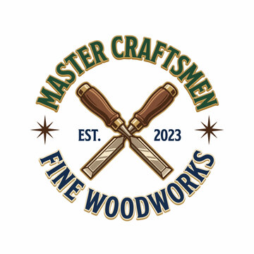 This logo showcases crossed chisels and a professional design theme, representing the master craftsmanship in fine woodwork established in 2023.