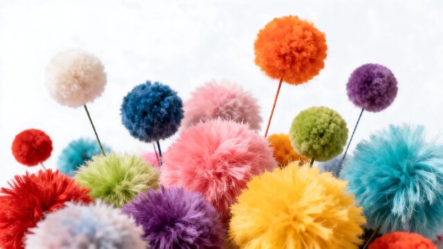 Colorful fluffy pom poms on sticks