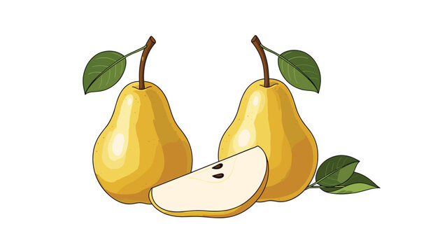 Two whole yellow pears and a fresh slice on a white background showing the fruit interior and seeds for food photography or grocery branding.