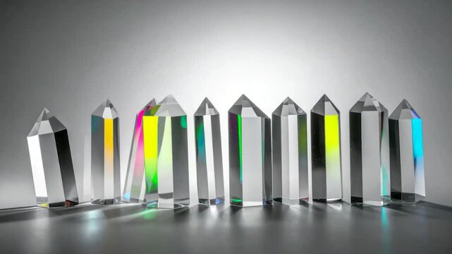 Transparent crystal prisms refract light, creating spectrums against a gradient backdrop