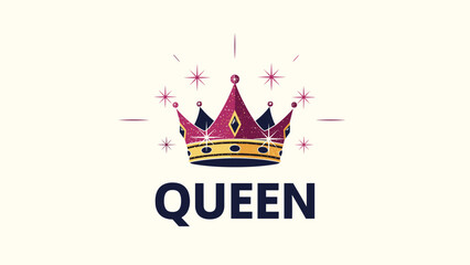 Fototapeta premium Detailed royal crown illustration with a purple cushion and golden frame featuring sparkling stars and the bold word QUEEN below it.