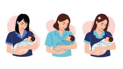 Fototapeta premium Caring medical professionals or mothers gently cradling newborn infants wrapped in blankets against soft pink and blue abstract backdrops.