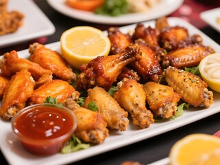 Fototapeta premium Assorted chicken wings platter featuring buffalo wings, bbq wings, honey garlic wings and lemon pepper wings together, colorful sauces and garnishes, party food table