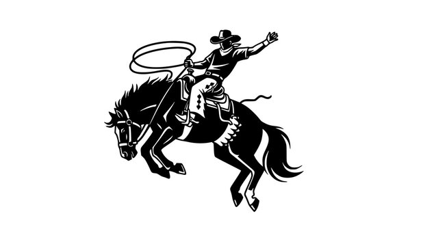 Black and white cowboy riding bucking horse rodeo vector silhouette western cowboy action illustration