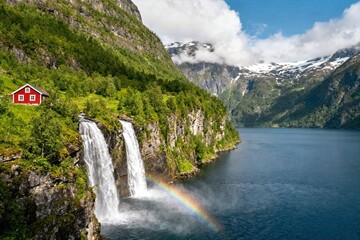 Fototapeta premium Steep Green Cliffs with Silver Waterfall and Rainbow Over Deep Blue Fjord 