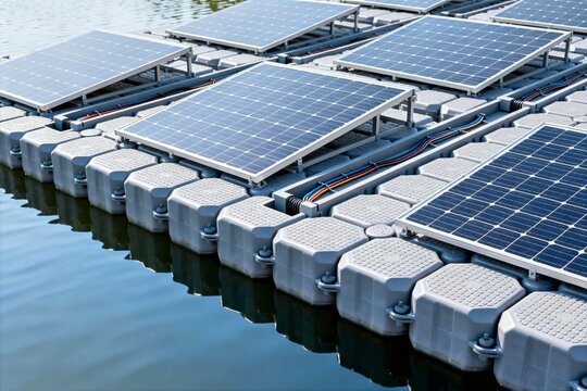 Modular floating solar pontoon installation &mdash; water-conserving solar
