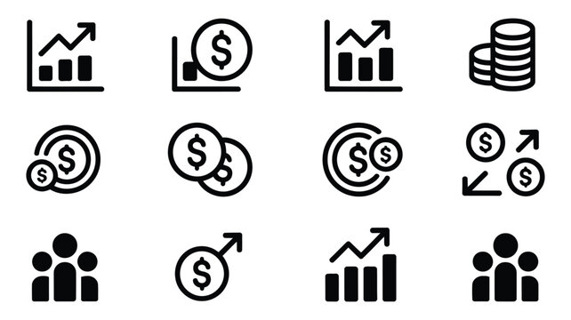 Business finance silhouette logos and icons featuring graphs charts and dollar signs on white background