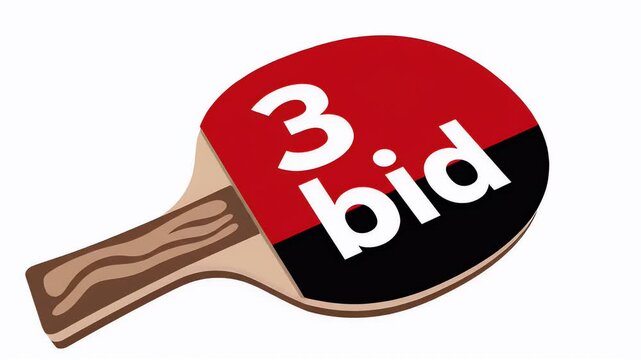 Red and black table tennis paddle with "3 bid" printed on it