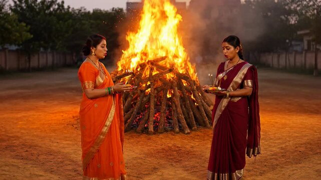 Women Performing Rituals During Chhoti Holi or Holika Dahan Ceremony with Bonfire at Sunset