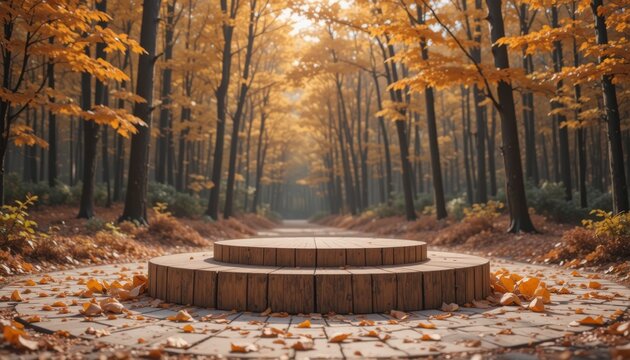 Autumn forest path with wooden podium and vibrant orange leaves